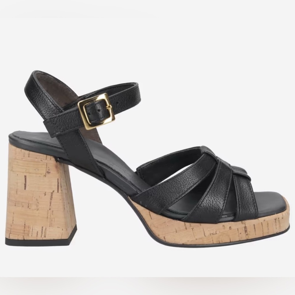 Paul Green Black Leather Cork Block Heel Sandals